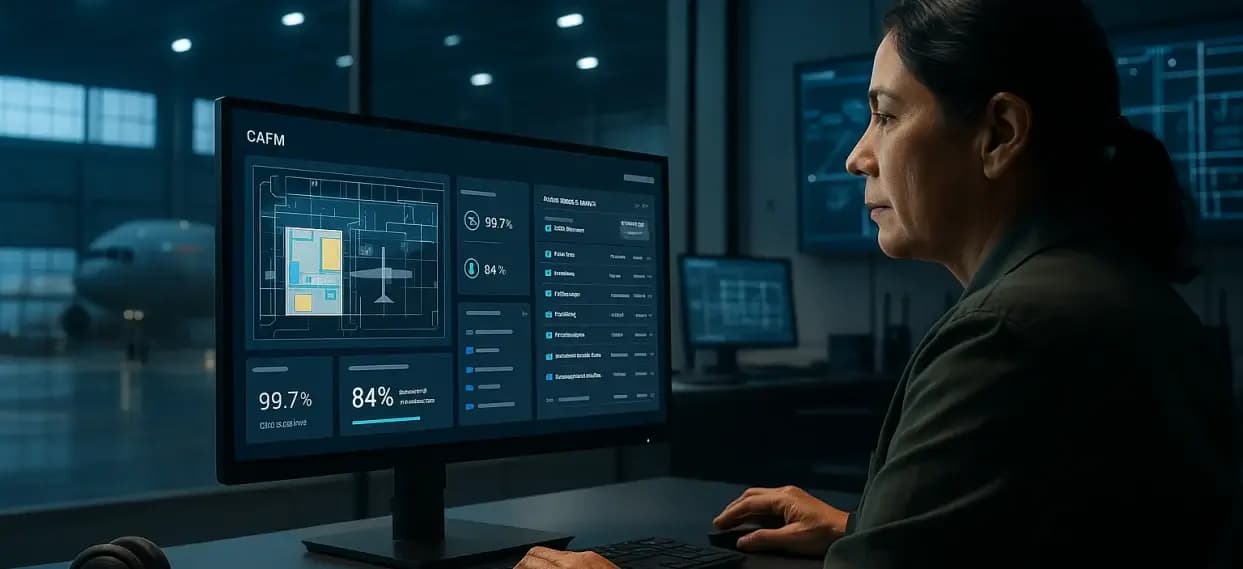 Facility managers review CAFM software dashboard on a tablet in a military base operations center, auditing space and assets