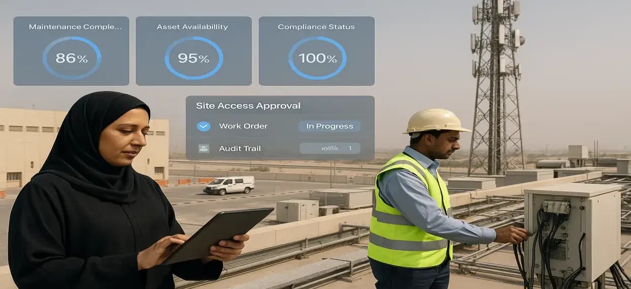 IWMS dashboard for telecom infrastructure showing asset maps, site inventory and CAFM workflows for B2B