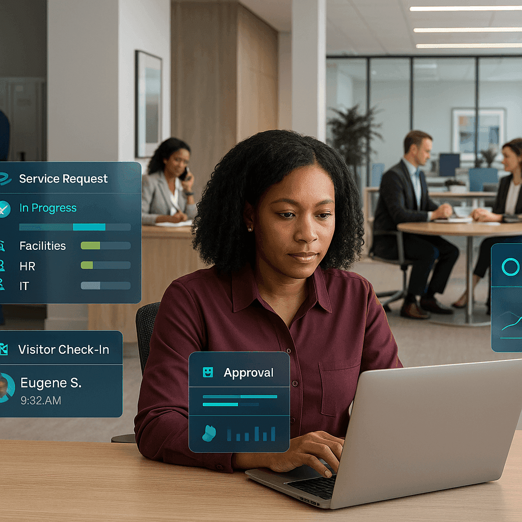 Facility manager reviews CAFM dashboard showing space utilization, maintenance tasks, and scheduling in workplace management system