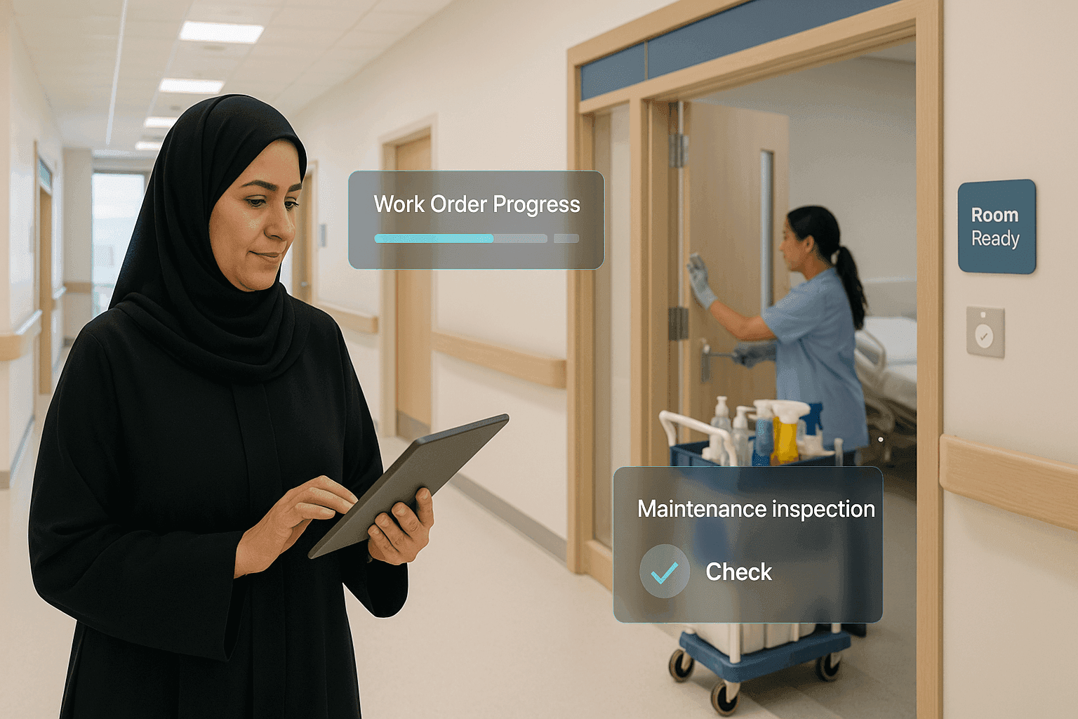 Hospital facilities manager reviewing digital CAFM dashboard on tablet, planning maintenance and asset workflows for clinical areas