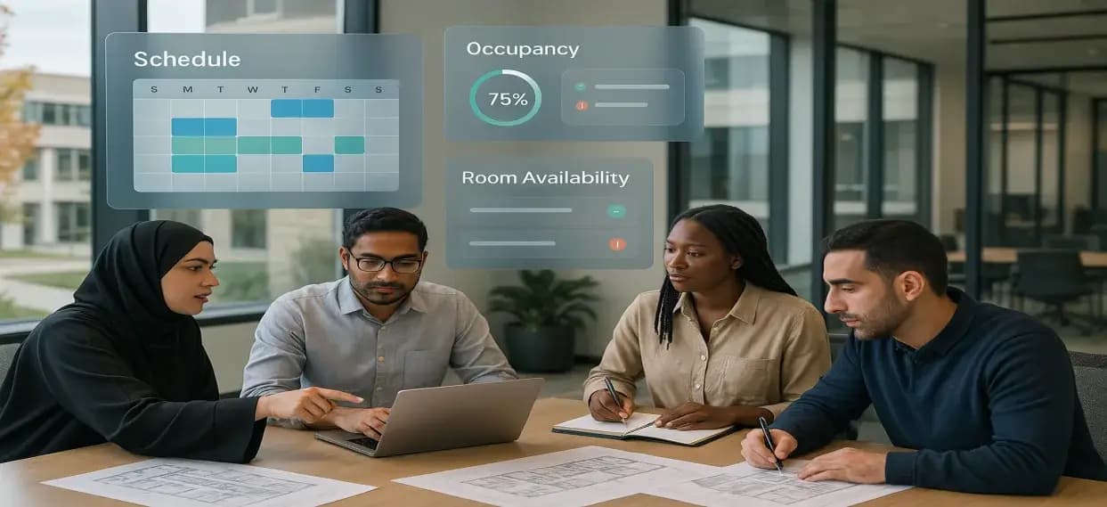 Facility manager and campus IT reviewing a CAFM dashboard of classroom occupancy, seating layouts and schedules.