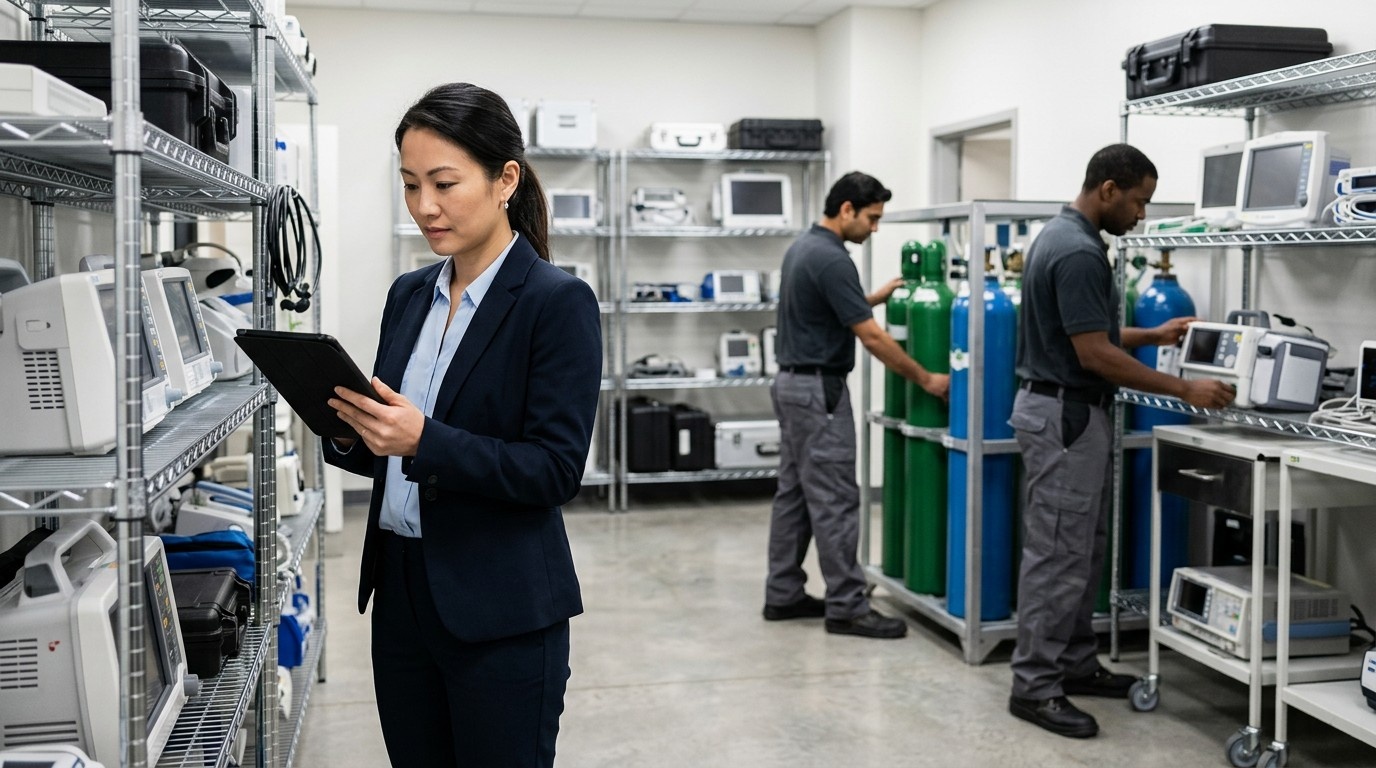 Hospital maintenance supervisor reviewing equipment records in a CAFM audit dashboard
