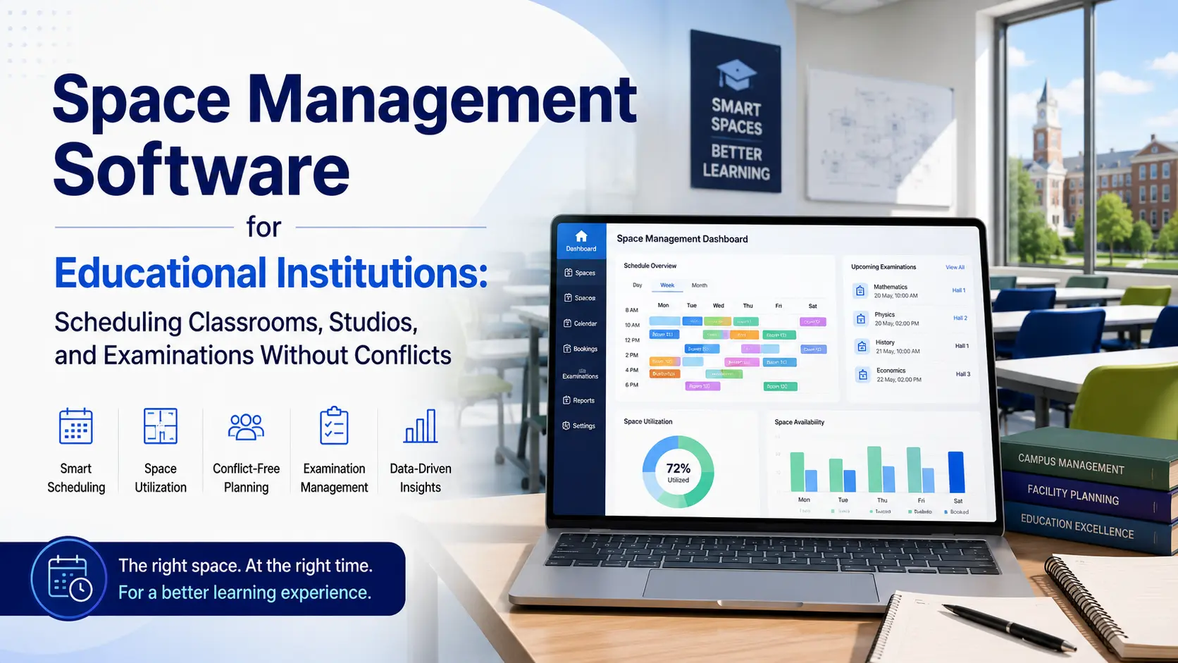 Space management software scheduling classrooms, studios and examination halls across a university campus