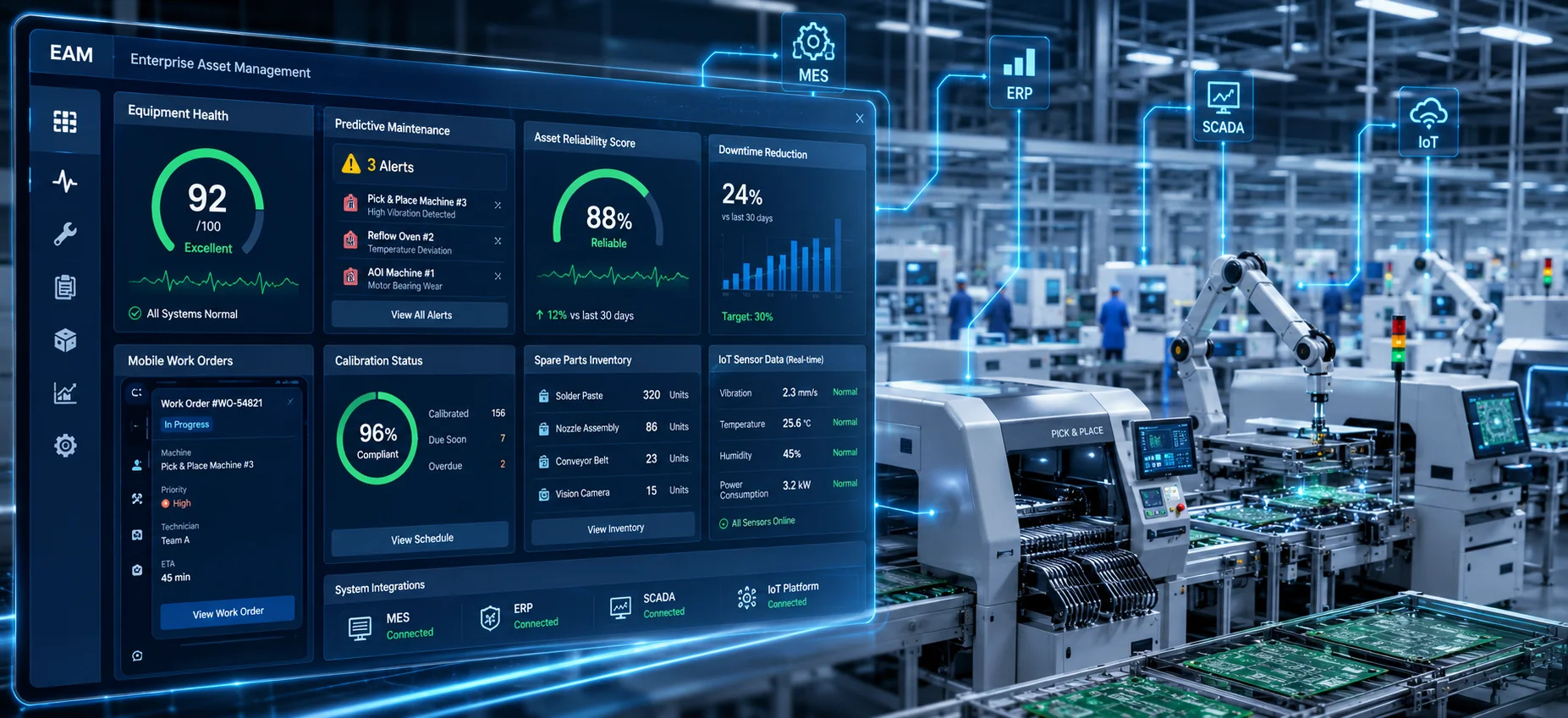 Enterprise asset management software monitoring electronics manufacturing equipment and predictive maintenance.