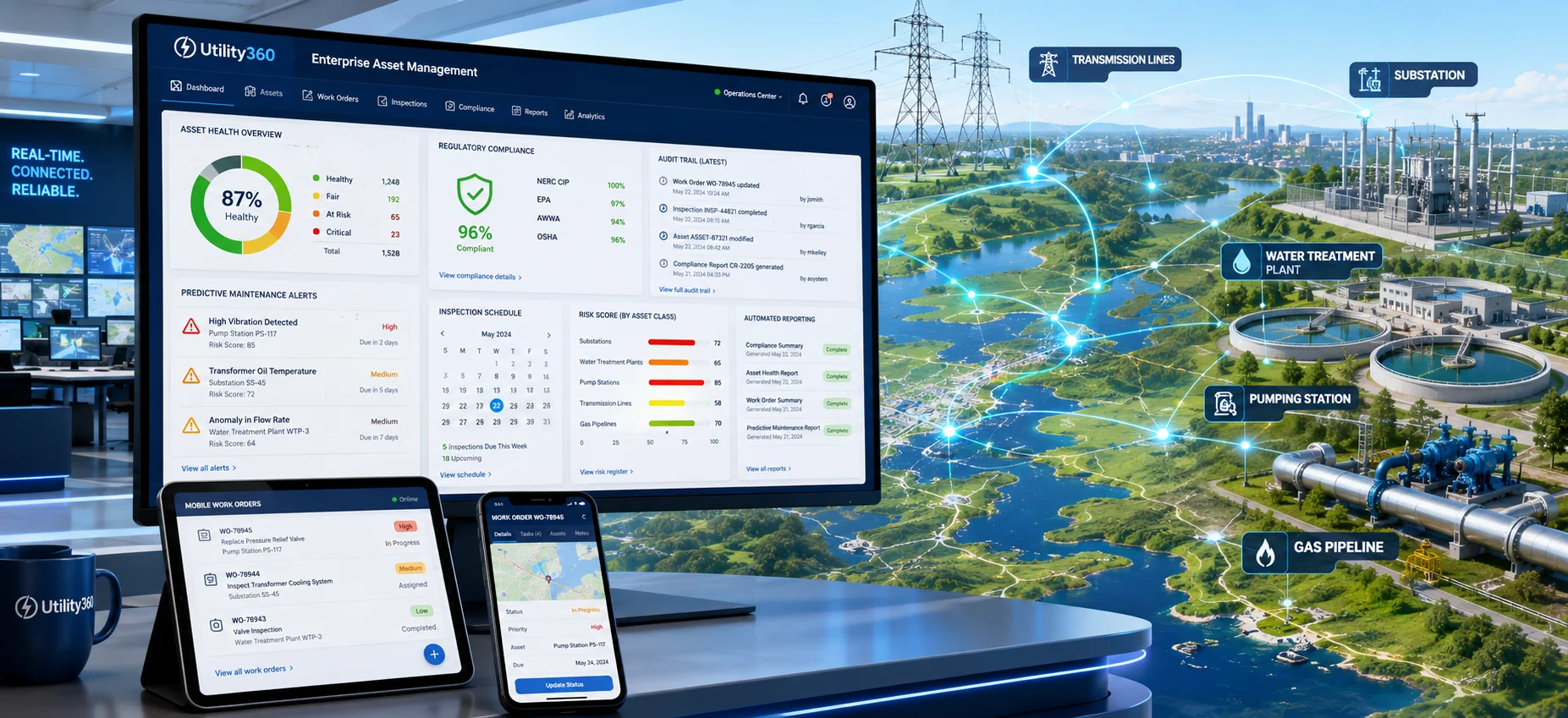 Enterprise asset management software dashboard monitoring utility asset reliability, predictive maintenance, work orders, and regulatory compliance across distributed infrastructure.