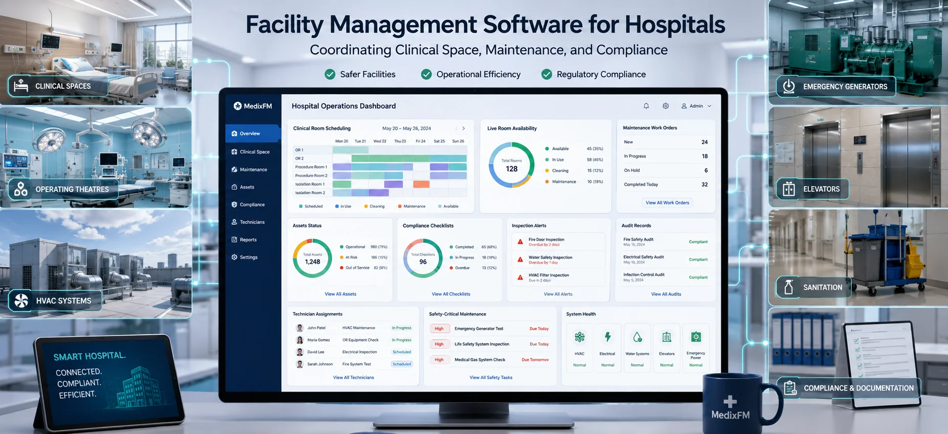 Facility management software dashboard coordinating hospital clinical space, maintenance work orders, asset status, and compliance tasks.