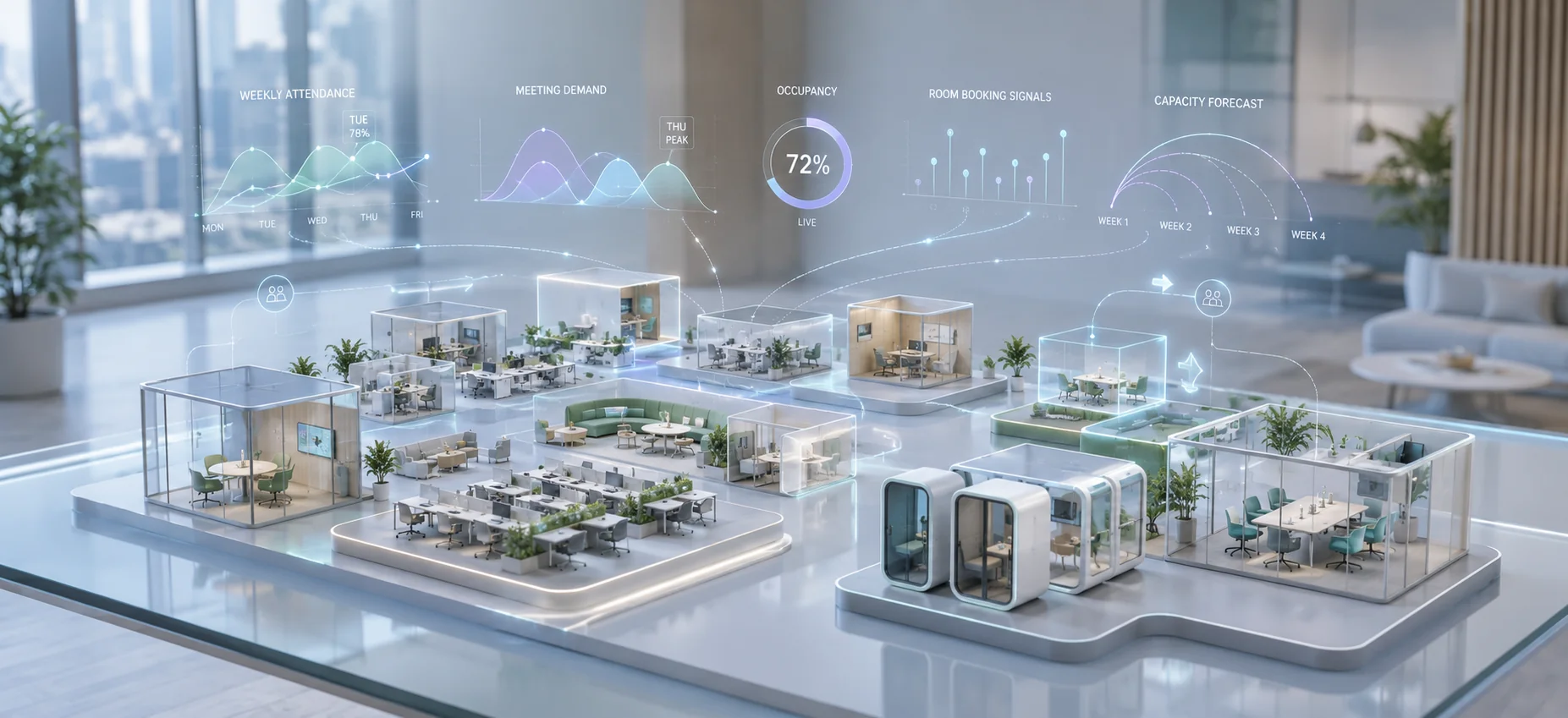 Space optimisation software visualised as a smart workplace planning model for hybrid capacity forecasting and meeting room demand management.
