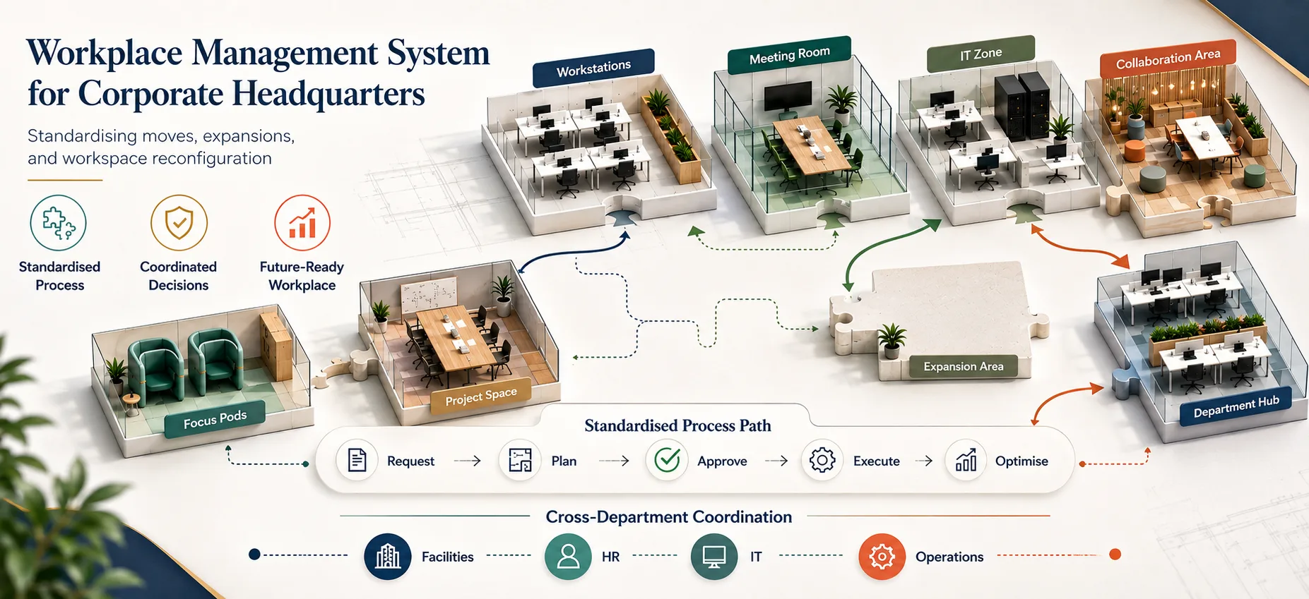 Workplace management system visualising standardised corporate office moves, expansions, workspace reconfiguration, and cross-department coordination.
