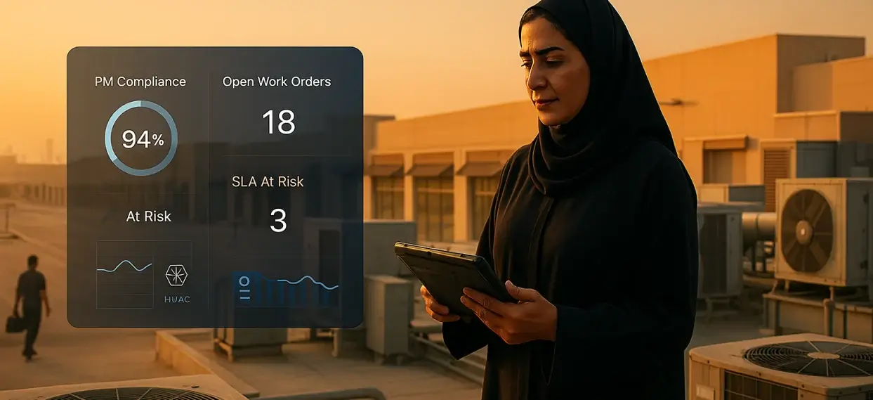Facility manager reviewing EAM Solution dashboard on tablet showing asset lifecycle, maintenance schedules and CAFM sync
