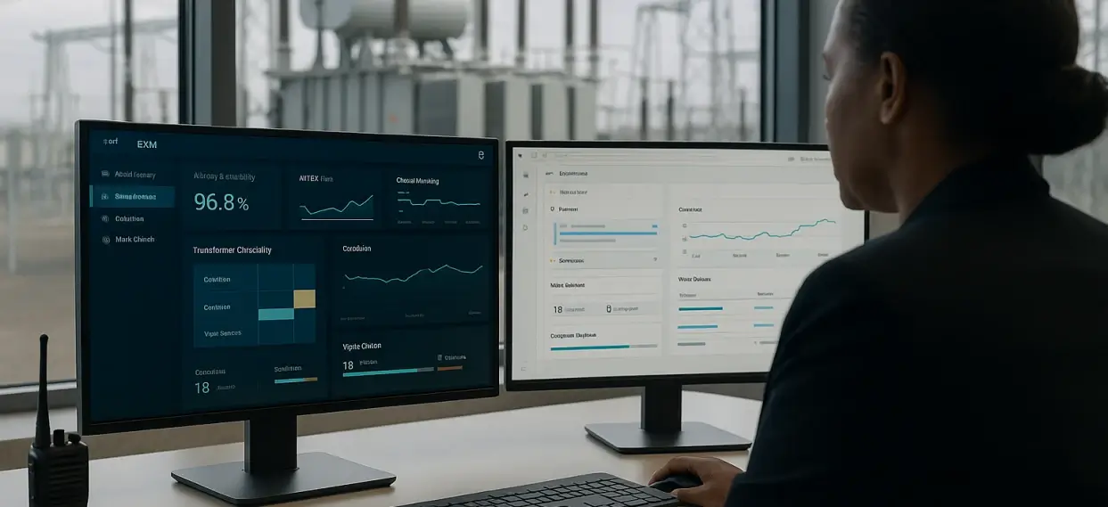Facility managers reviewing an enterprise asset management solution dashboard showing asset maps and maintenance schedules
