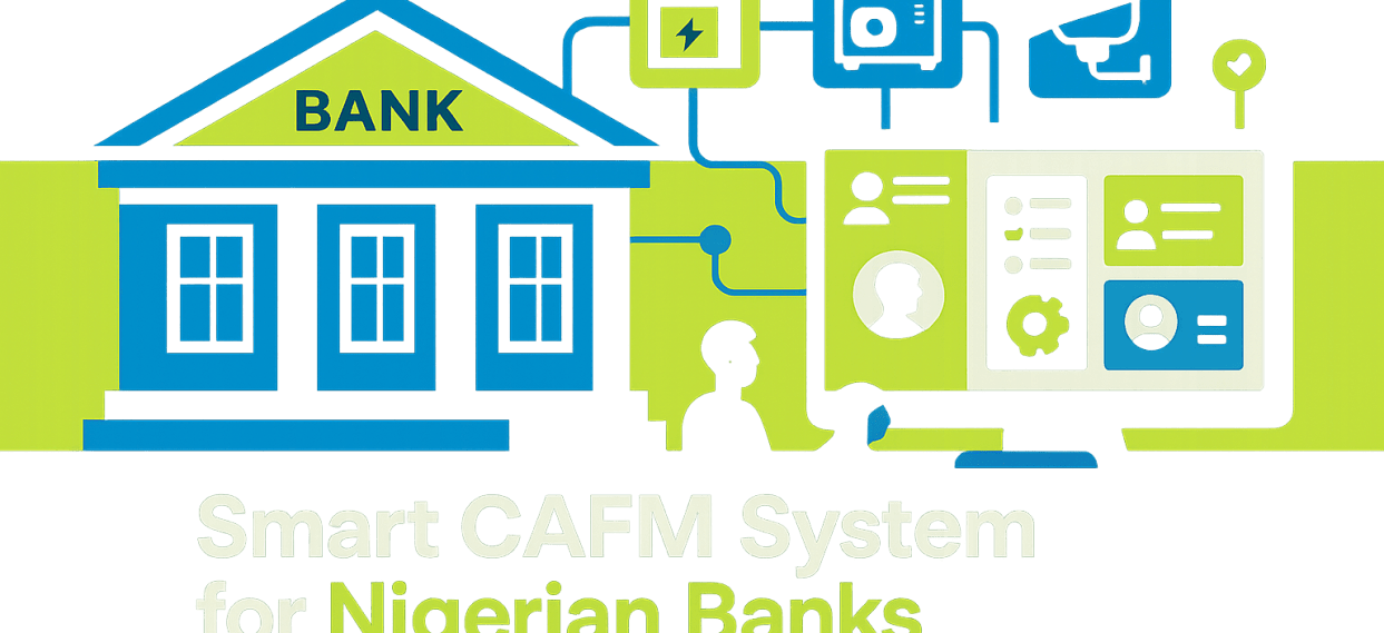 Flat vector illustration showing a computer aided facility management system interface with icons and charts for Nigerian bank facility managers