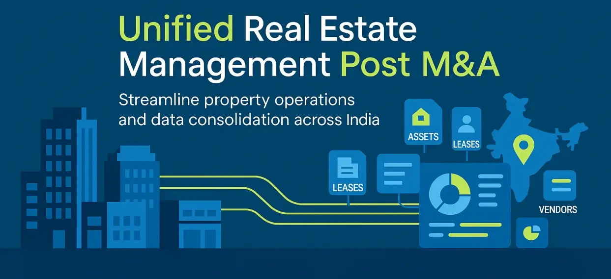 Flat vector illustration showing unified real estate management with integrated workplace management software after mergers and acquisitions in India