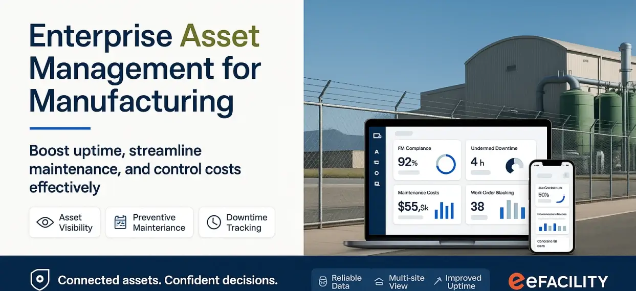 Secure industrial backdrop with floating device user interface showcasing enterprise asset management features for US manufacturing operations